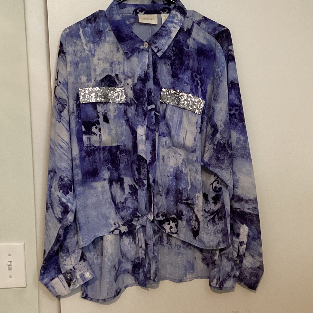 Chico’s blouse button up with front tie and sequined pockets, size 2.